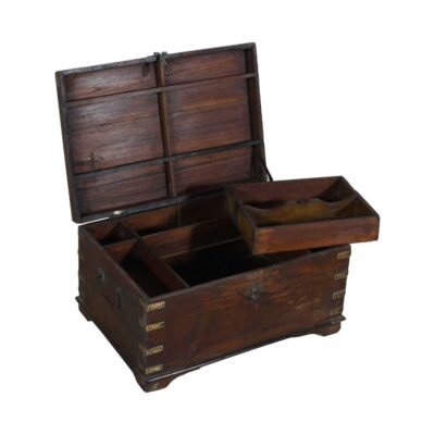 Antique Rich Walnut Teak Indian Dowry Treasure Chest – Brass & Blue Accent Coffee Side Table