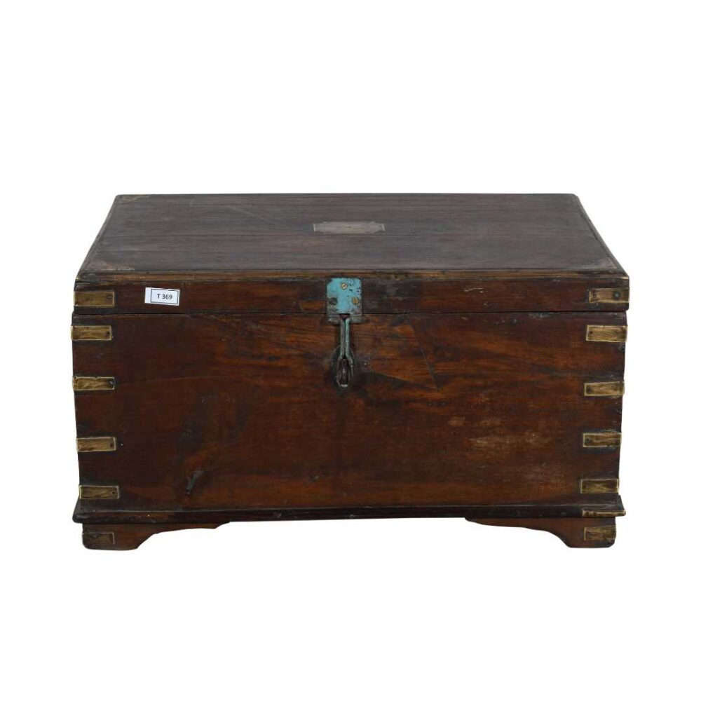 Antique Rich Walnut Teak Indian Dowry Treasure Chest – Brass & Blue Accent Coffee Side Table - Image 2
