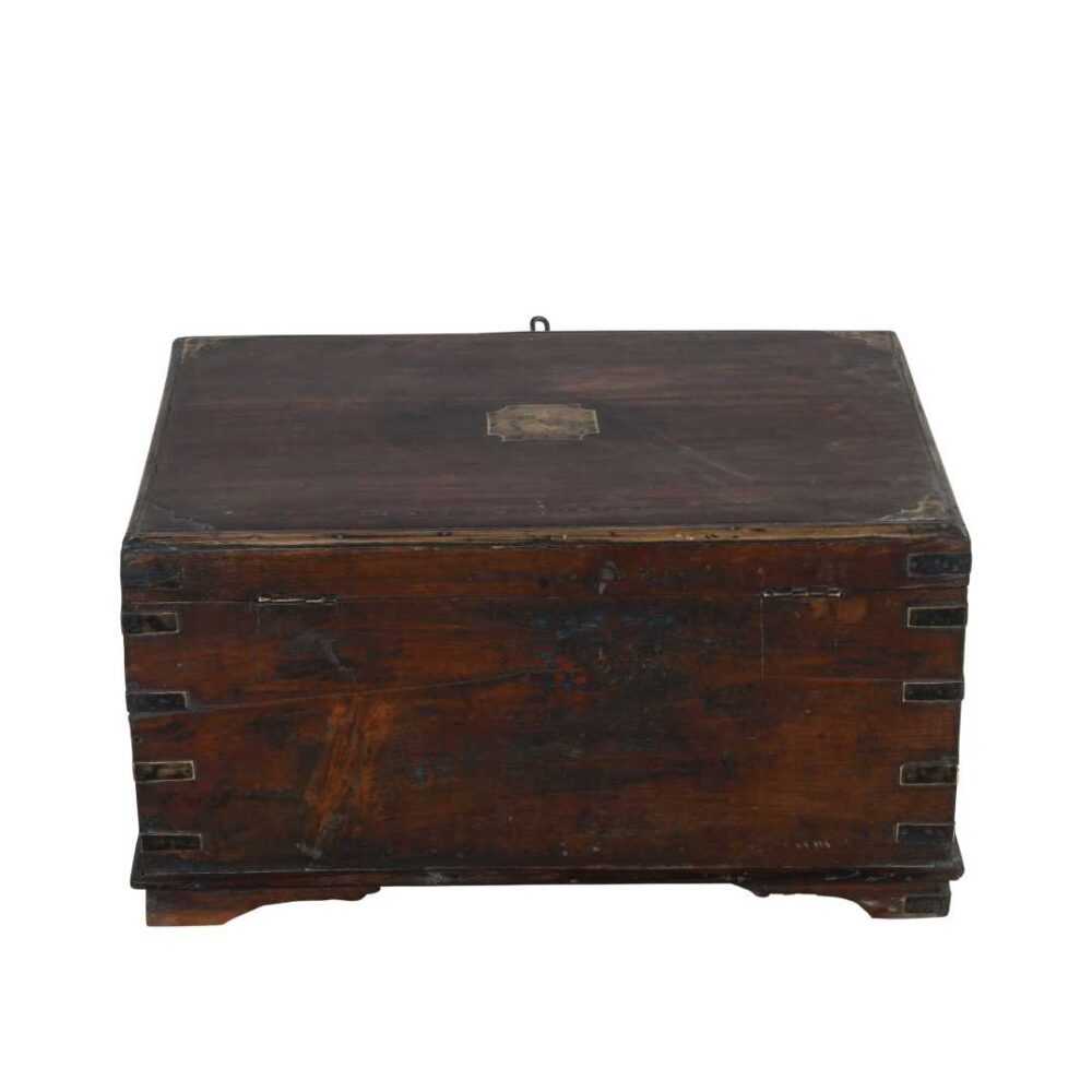 Antique Rich Walnut Teak Indian Dowry Treasure Chest – Brass & Blue Accent Coffee Side Table - Image 3