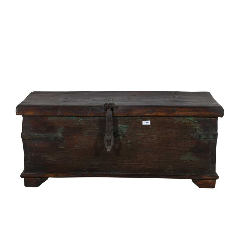 Antique Deep Chestnut & Verdigris Teak Indian Dowry Treasure Chest Coffee Side Table - Image 3