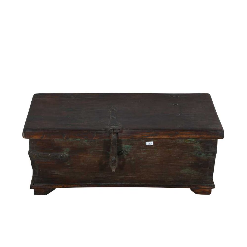 Antique Deep Chestnut & Verdigris Teak Indian Dowry Treasure Chest Coffee Side Table - Image 4