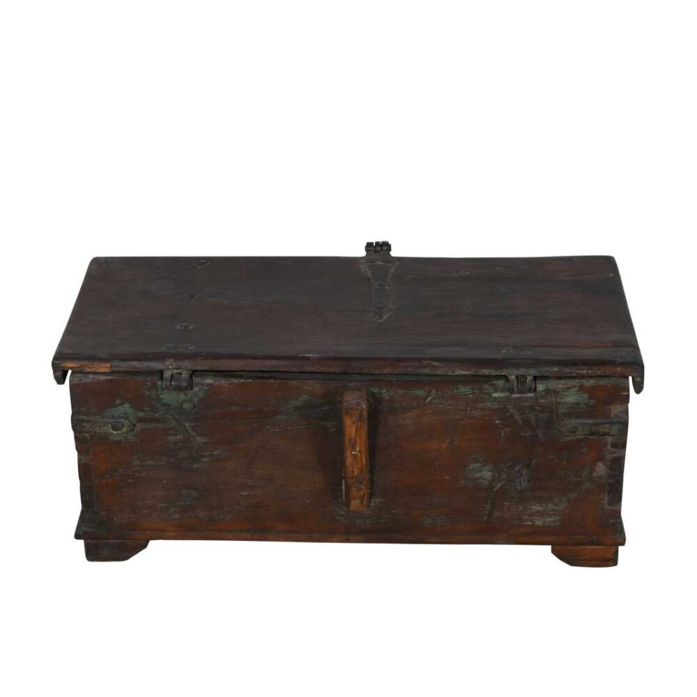 Antique Deep Chestnut & Verdigris Teak Indian Dowry Treasure Chest Coffee Side Table - Image 5
