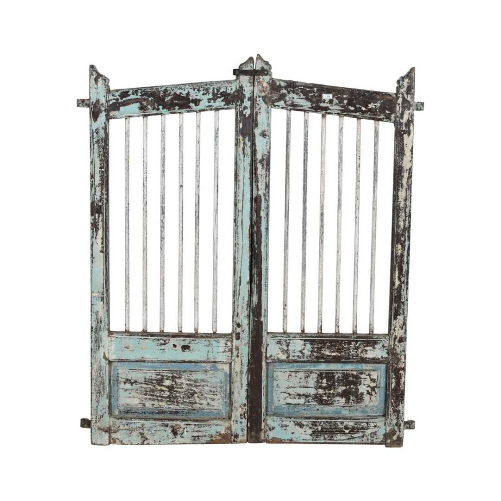 Antique Verdigris Blue Teak Indian Garden Dog Gates – 19th Century Gujarat Pair