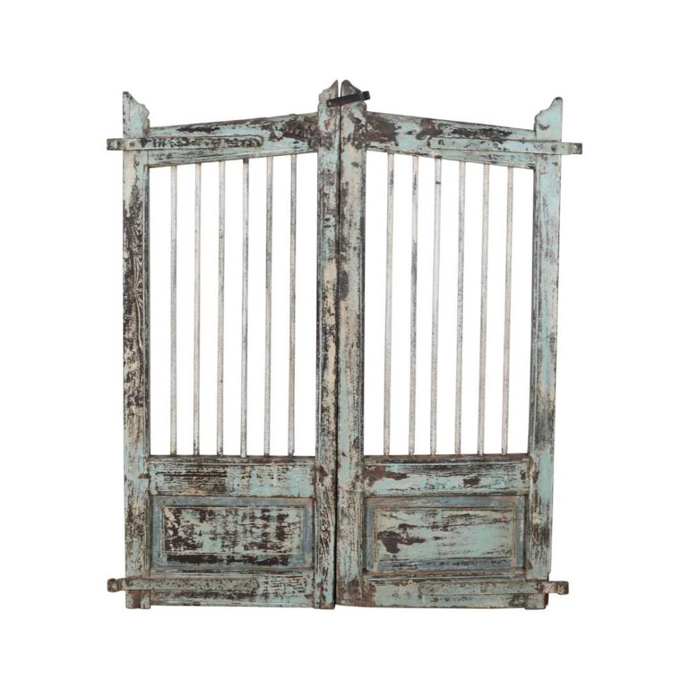 Antique Verdigris Blue Teak Indian Garden Dog Gates – 19th Century Gujarat Pair - Image 2