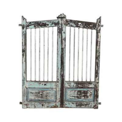 Antique Verdigris Blue Teak Indian Garden Dog Gates – 19th Century Gujarat Pair