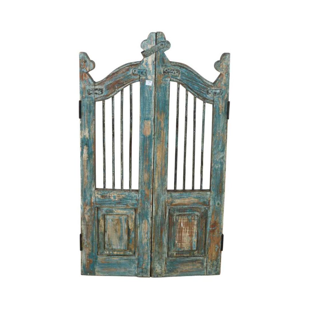 Antique Turquoise & Weathered Teak Indian Garden Dog Gates – 19th Century Gujarat Pair - Image 3