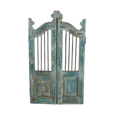 Antique Turquoise & Weathered Teak Indian Garden Dog Gates – 19th Century Gujarat Pair