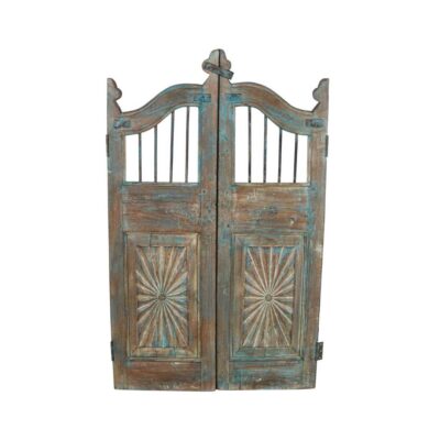 Antique Blue Patina Teak Indian Garden Dog Gates – 19th Century Gujarat Pair