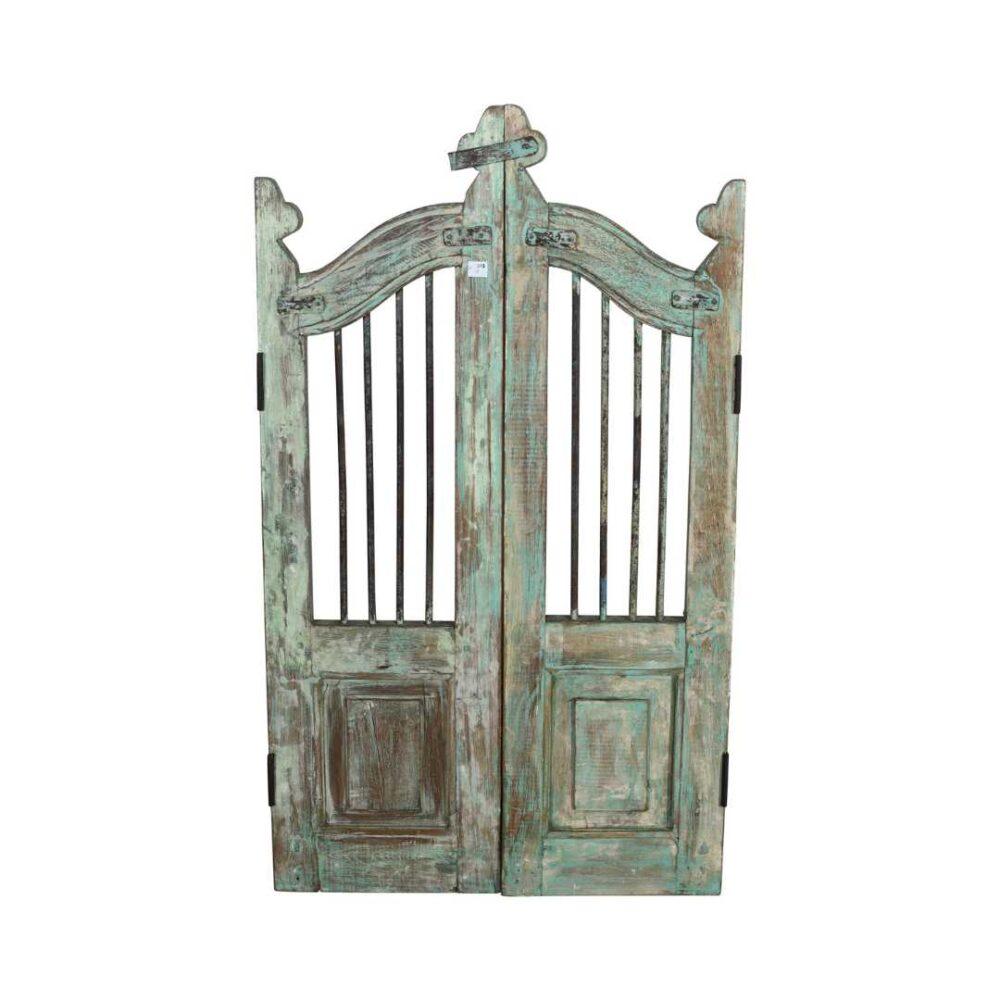 Antique Verdigris Green Teak Indian Garden Dog Gates – 19th Century Gujarat Pair