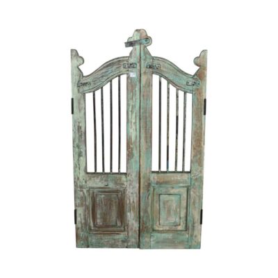 Antique Verdigris Green Teak Indian Garden Dog Gates – 19th Century Gujarat Pair