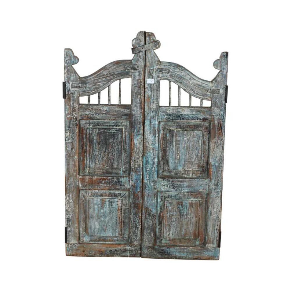 Antique Blue-Green Patina Teak Indian Garden Dog Gates – 19th Century Gujarat Pair