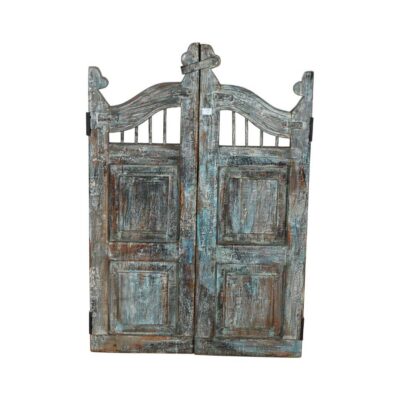 Antique Blue-Green Patina Teak Indian Garden Dog Gates – 19th Century Gujarat Pair