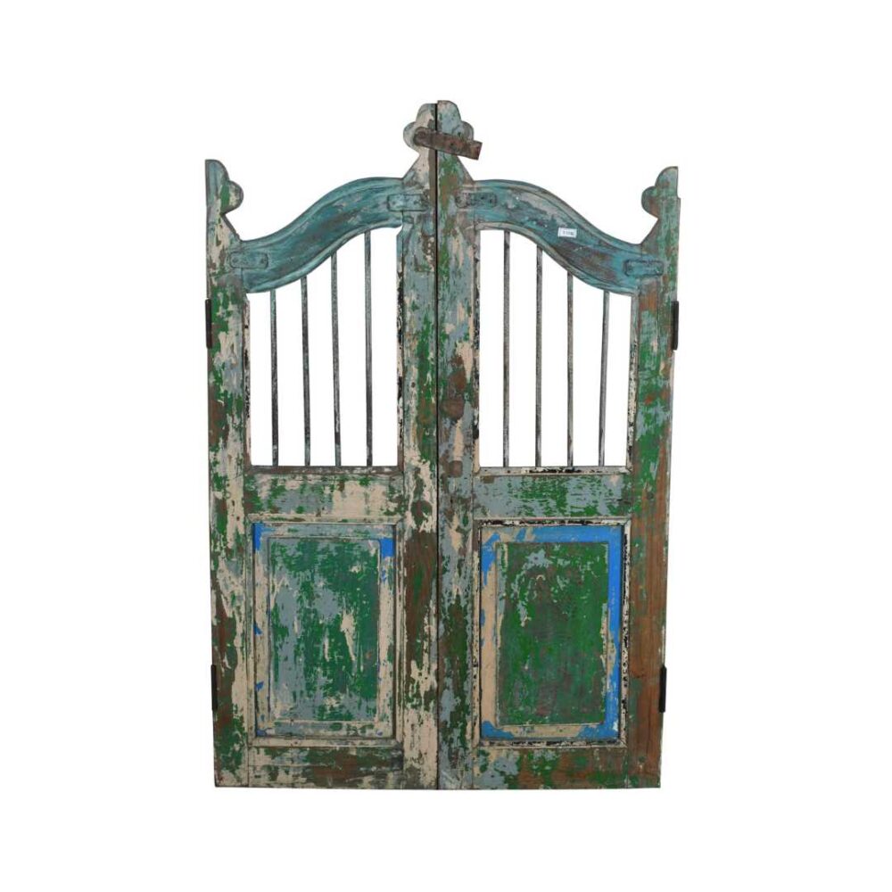 Antique Teal & Verdigris Painted Teak Indian Garden Dog Gates – 19th Century Gujarat Pair