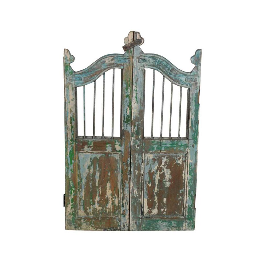 Antique Teal & Verdigris Painted Teak Indian Garden Dog Gates – 19th Century Gujarat Pair - Image 3
