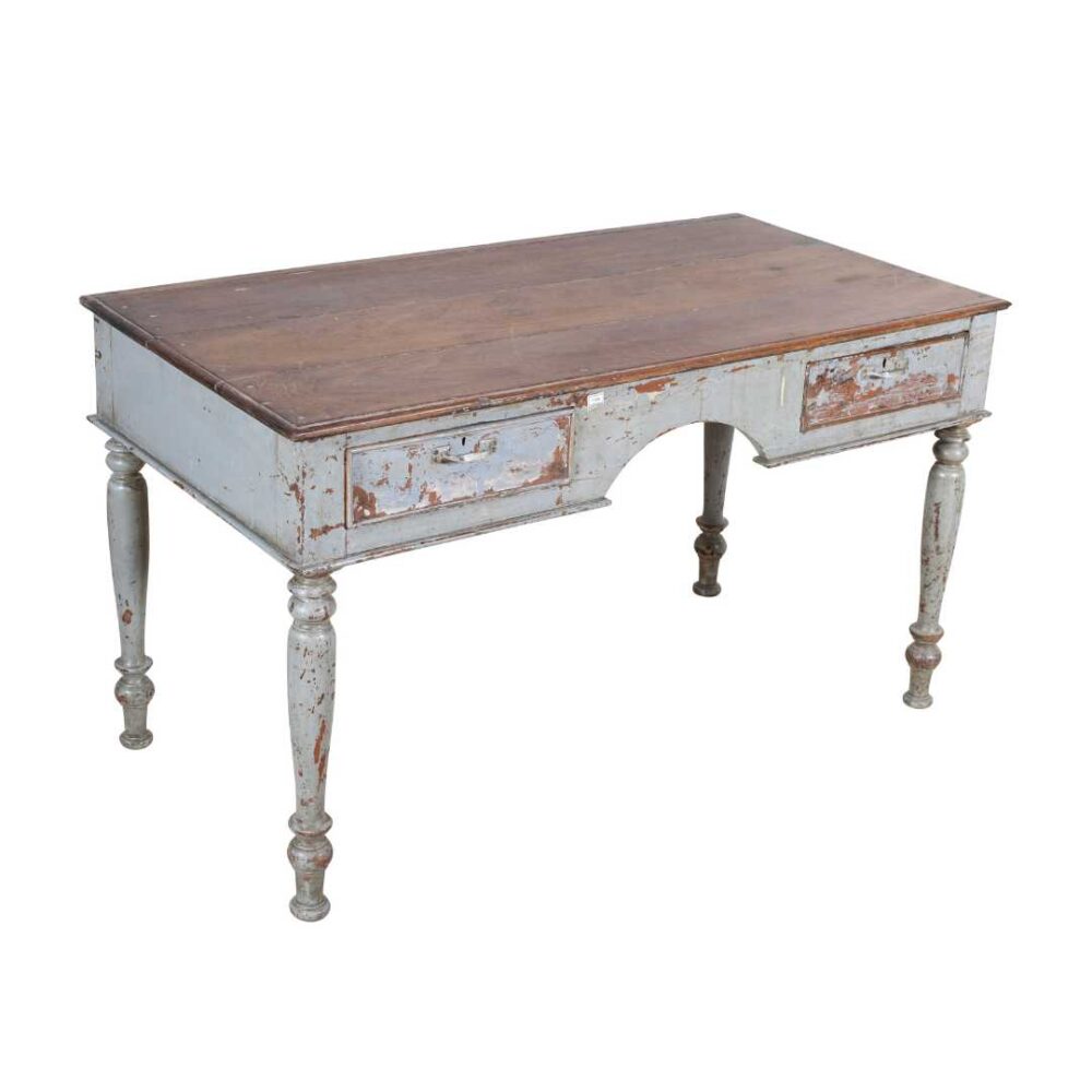 Antique Pale Blue & Rustic Teak Indian Writing Desk or Kitchen Table – c1880 - Image 2