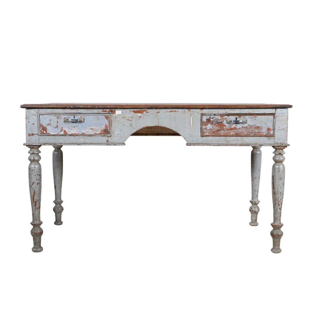 Antique Pale Blue & Rustic Teak Indian Writing Desk or Kitchen Table – c1880 - Image 5