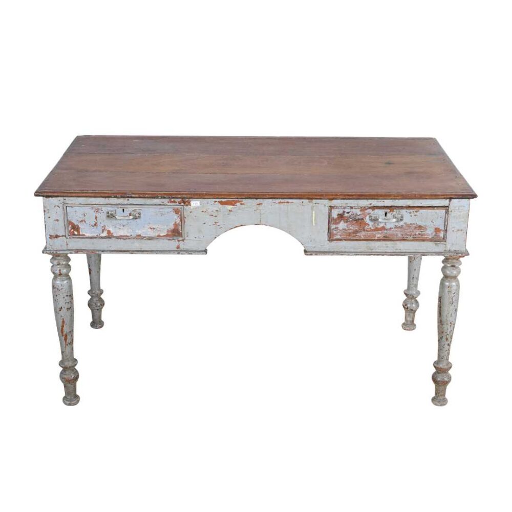 Antique Pale Blue & Rustic Teak Indian Writing Desk or Kitchen Table – c1880 - Image 4