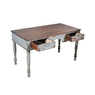 Antique Pale Blue & Rustic Teak Indian Writing Desk or Kitchen Table – c1880