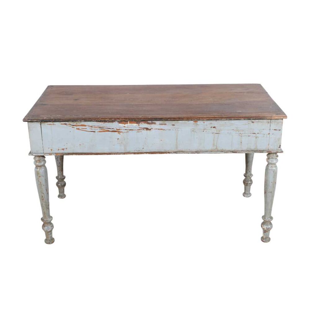 Antique Pale Blue & Rustic Teak Indian Writing Desk or Kitchen Table – c1880 - Image 3