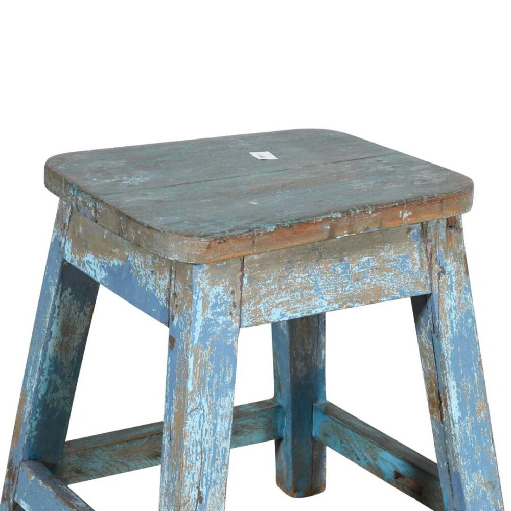 Vintage Blue Patina Teak Indian Stool or Pot Plant Stand - Image 2
