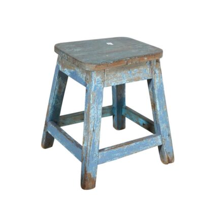 Vintage Blue Patina Teak Indian Stool or Pot Plant Stand