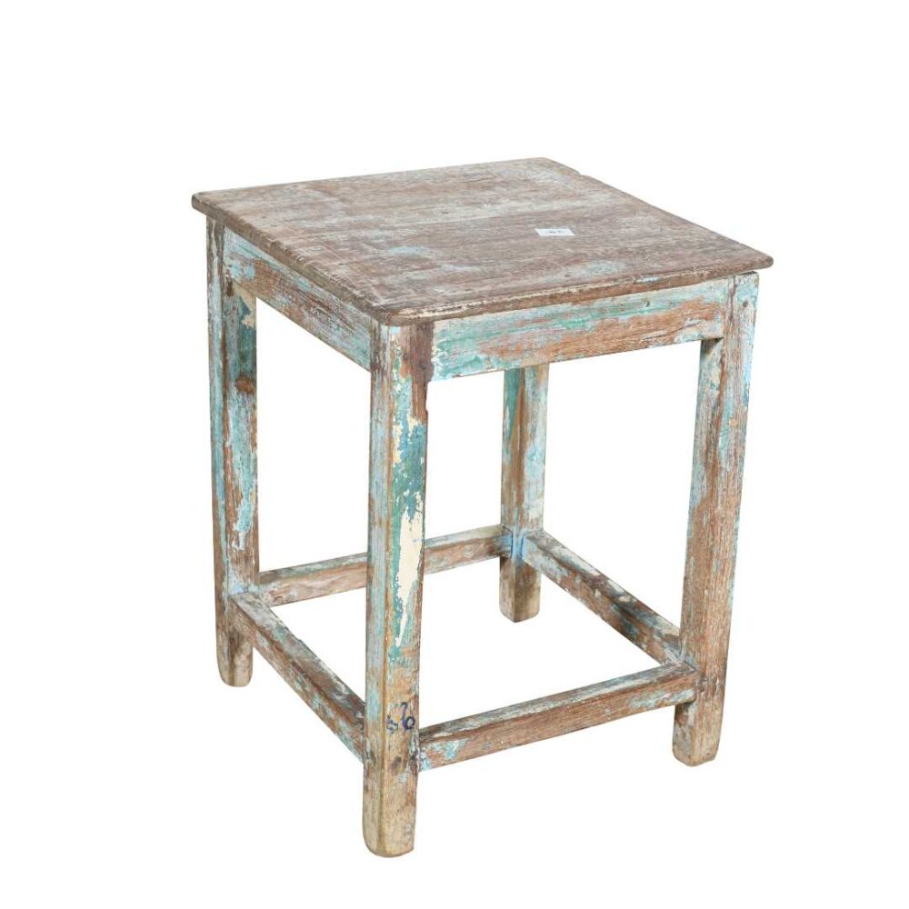Vintage Aqua & Cream Patina Teak Indian Stool or Pot Plant Stand