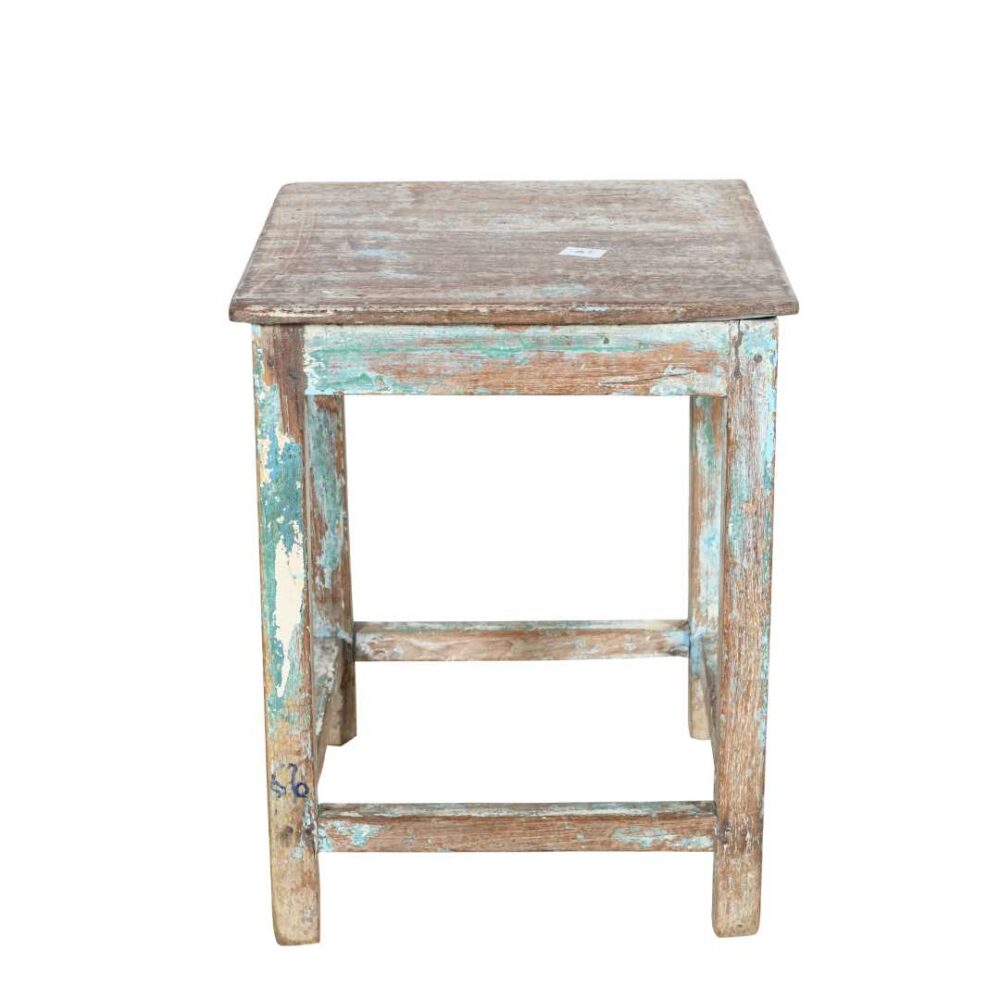 Vintage Aqua & Cream Patina Teak Indian Stool or Pot Plant Stand - Image 3
