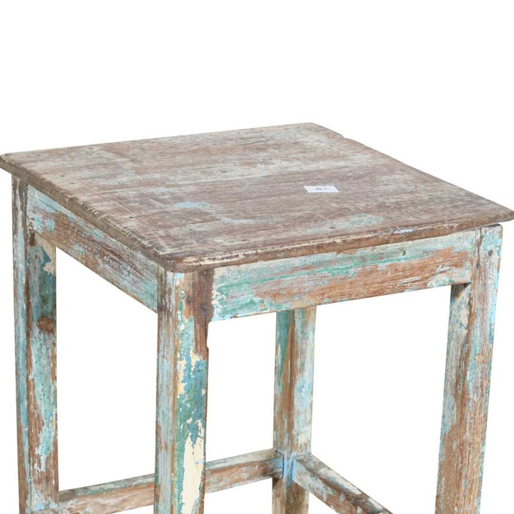 Vintage Aqua & Cream Patina Teak Indian Stool or Pot Plant Stand - Image 2