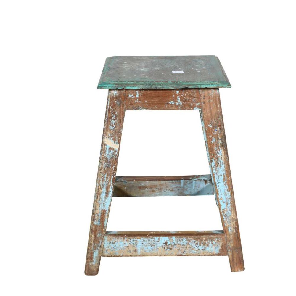 Vintage Turquoise Patina Teak Indian Stool or Pot Plant Stand - Image 2