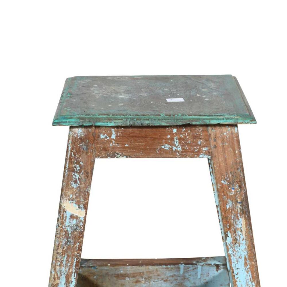 Vintage Turquoise Patina Teak Indian Stool or Pot Plant Stand - Image 3