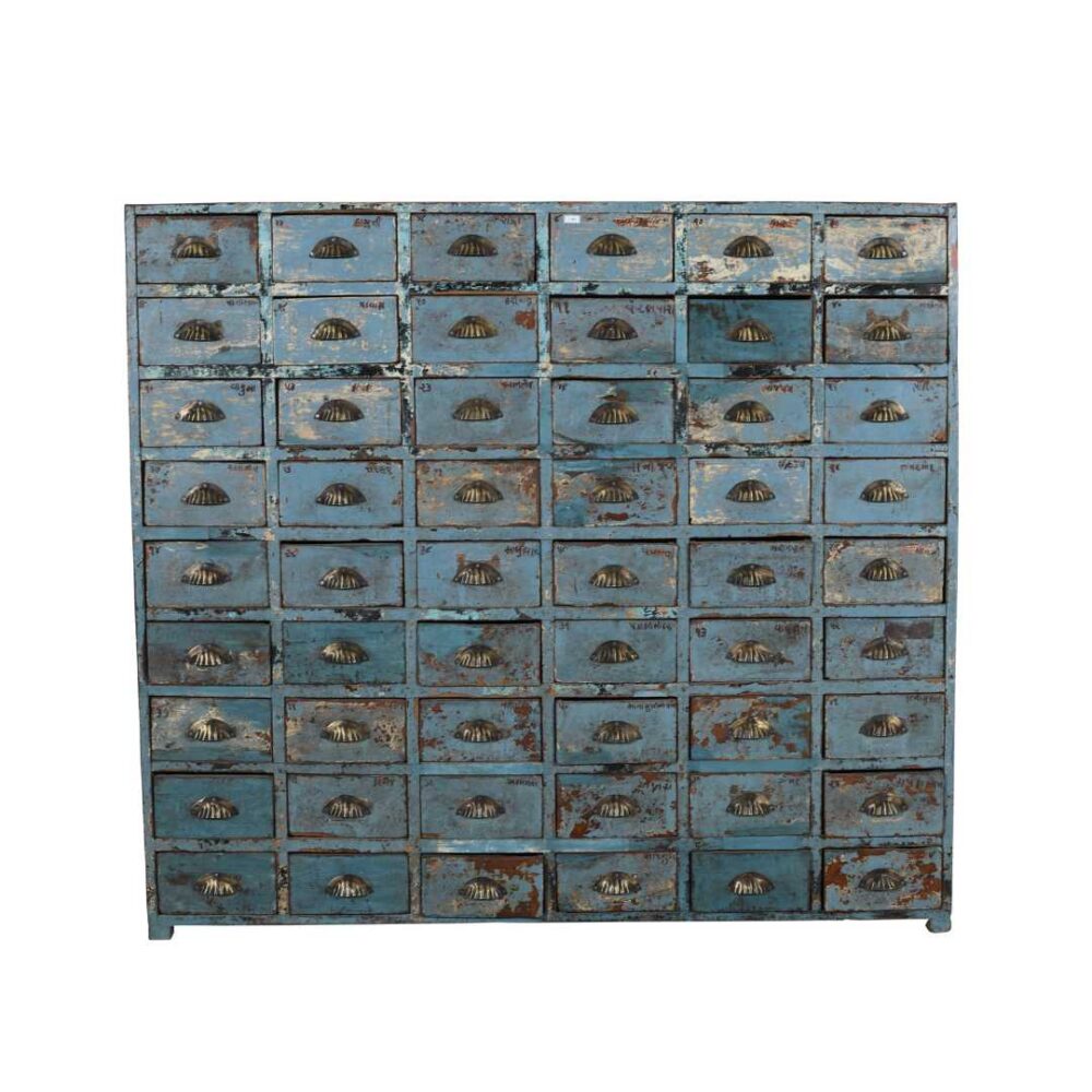 Antique Powder Blue Teak Apothecary Chest of 54 Drawers – Gujarat Hardware Store Cabinet - Image 2