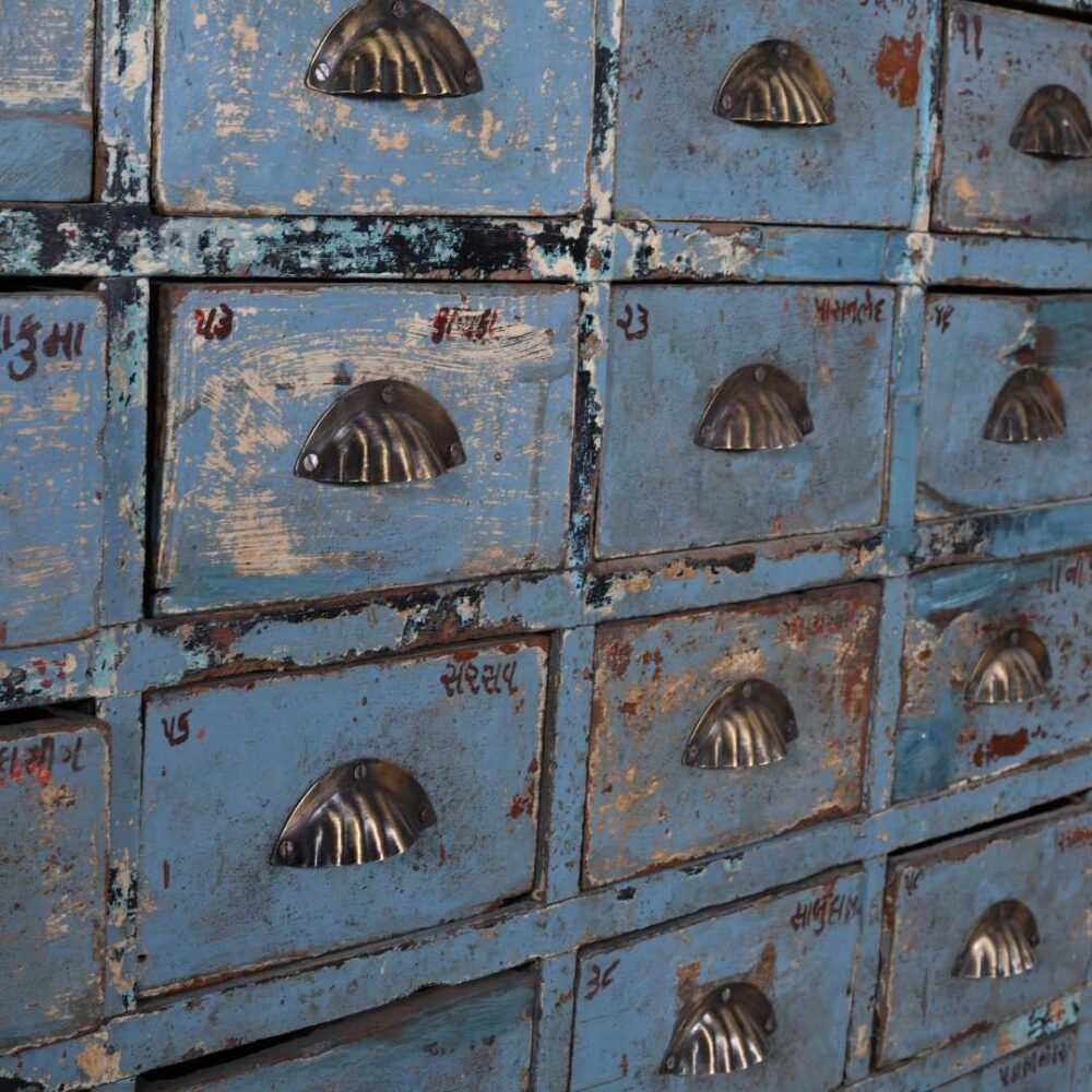 Antique Powder Blue Teak Apothecary Chest of 54 Drawers – Gujarat Hardware Store Cabinet - Image 4