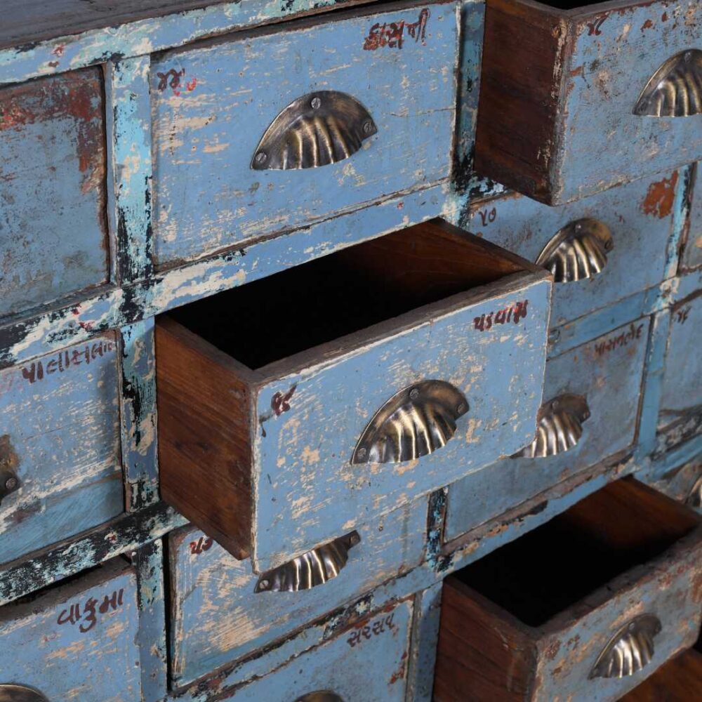 Antique Powder Blue Teak Apothecary Chest of 54 Drawers – Gujarat Hardware Store Cabinet - Image 3