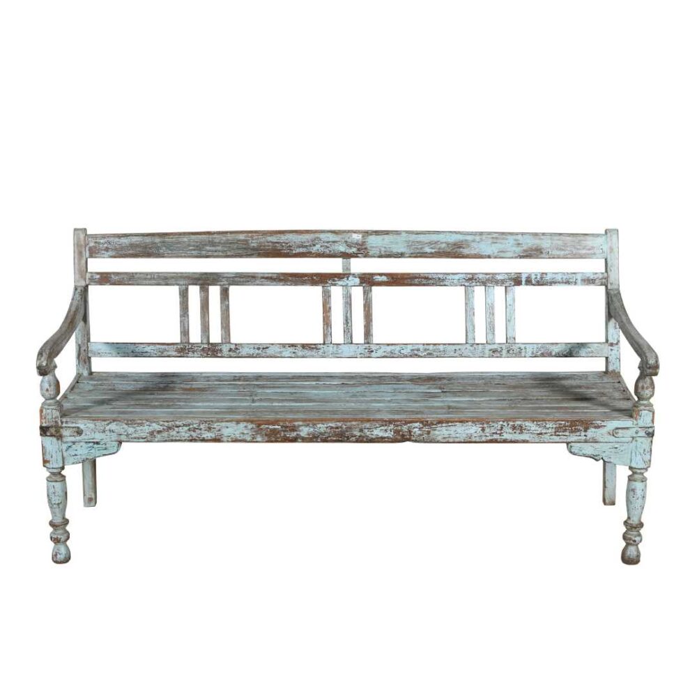 Antique Pale Blue Patina Indian Teak Hall or Garden Bench – Rajasthan c1890 - Image 4