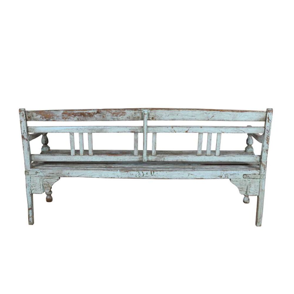 Antique Pale Blue Patina Indian Teak Hall or Garden Bench – Rajasthan c1890 - Image 3