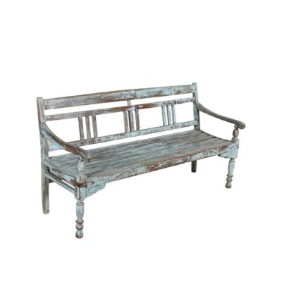 Antique Pale Blue Patina Indian Teak Hall or Garden Bench – Rajasthan c1890
