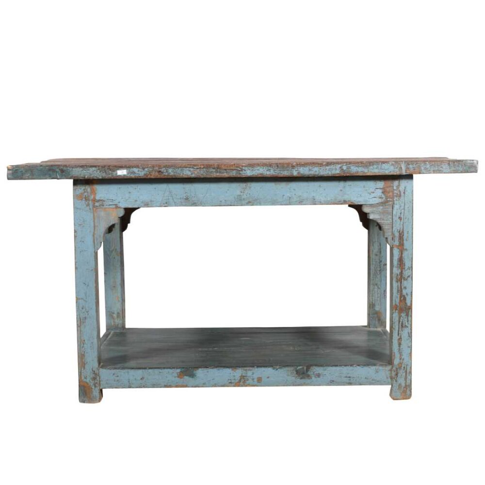 Antique Blue Patina Teak Industrial Kitchen Table Work Bench – Gujarat c1880 - Image 4