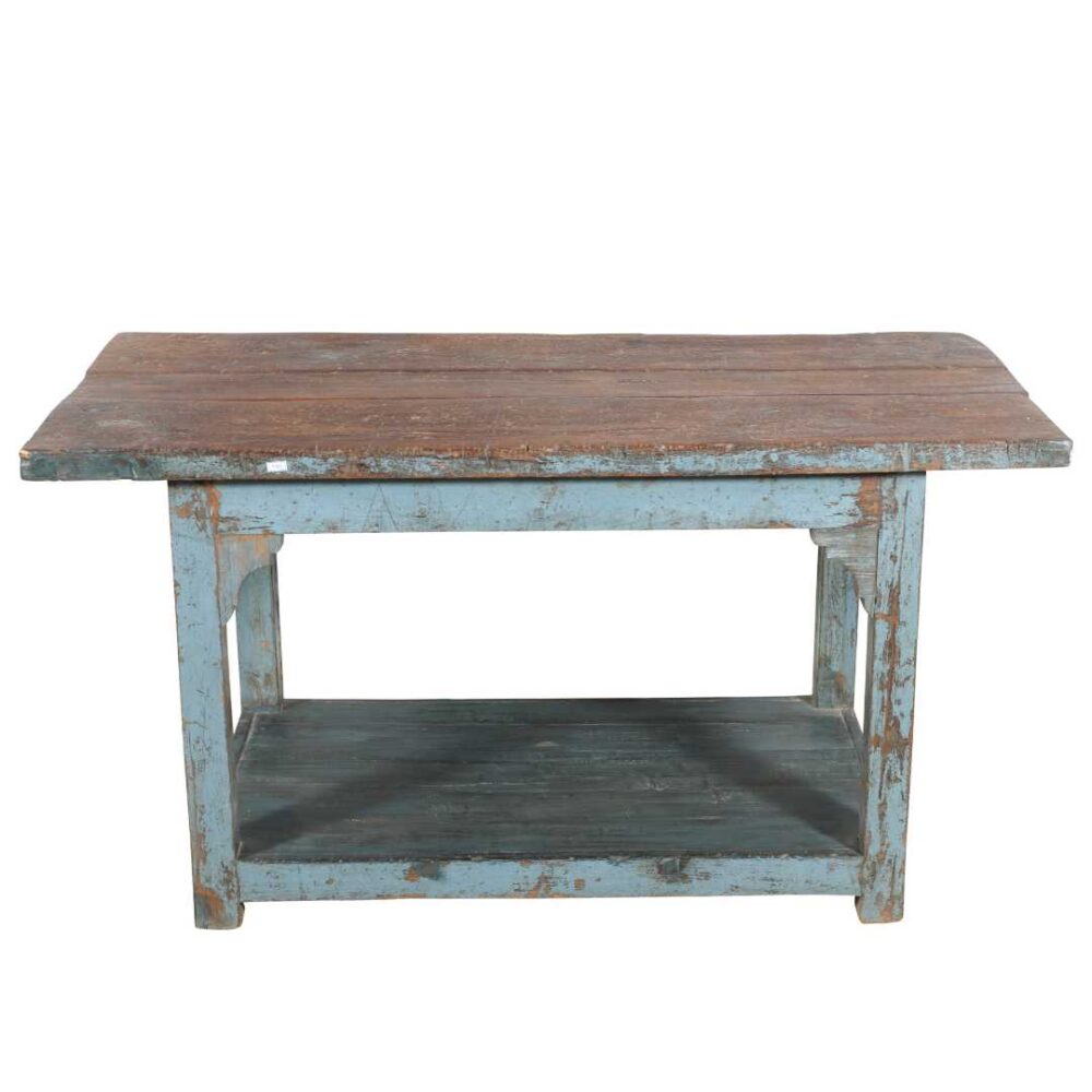 Antique Blue Patina Teak Industrial Kitchen Table Work Bench – Gujarat c1880 - Image 3