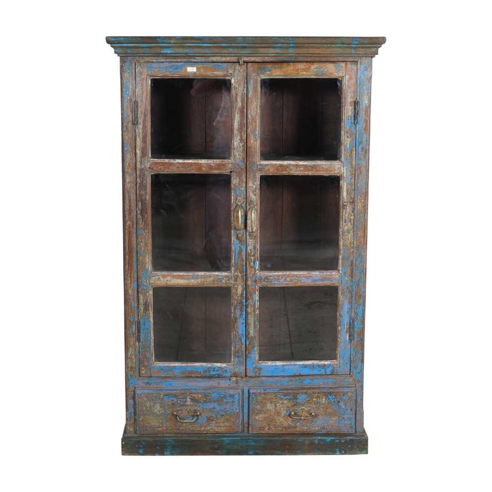 Antique Blue Patina Teak Glass Almirah – 1900s Indian Kitchen or Bathroom Cabinet