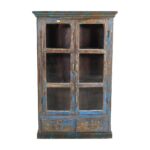 Antique Blue Patina Teak Glass Almirah – 1900s Indian Kitchen or Bathroom Cabinet