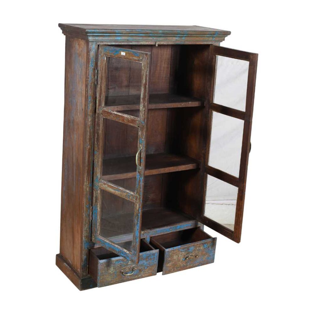 Antique Blue Patina Teak Glass Almirah – 1900s Indian Kitchen or Bathroom Cabinet - Image 4