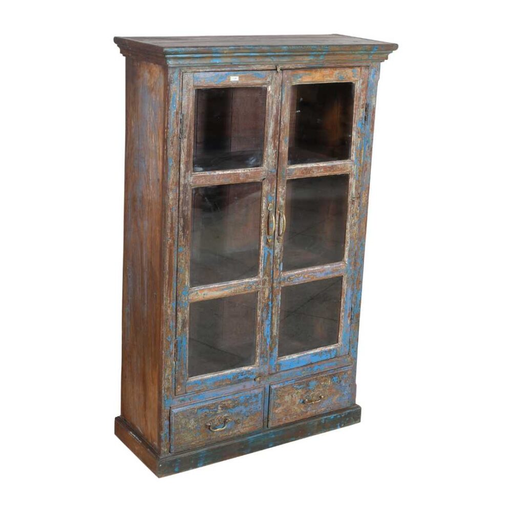 Antique Blue Patina Teak Glass Almirah – 1900s Indian Kitchen or Bathroom Cabinet - Image 3