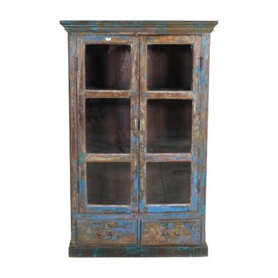 Antique Blue Patina Teak Glass Almirah – 1900s Indian Kitchen or Bathroom Cabinet