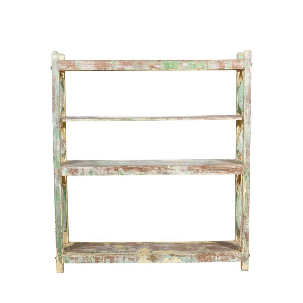 Antique Pistachio & Cream Patina Teak Industrial Kitchen Storage Pan Rack – 4 Tier c1900 - Image 4