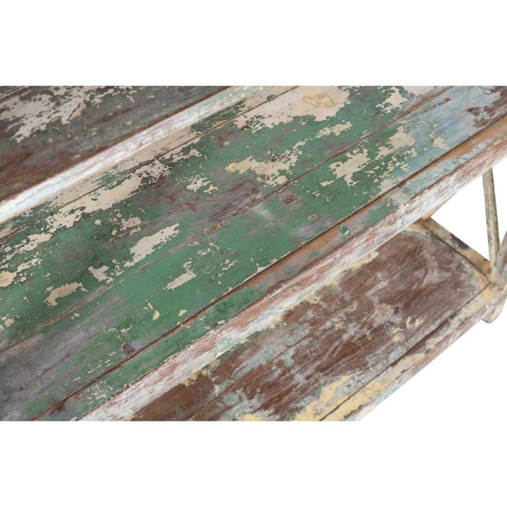 Antique Pistachio & Cream Patina Teak Industrial Kitchen Storage Pan Rack – 4 Tier c1900 - Image 2