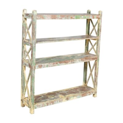 Antique Pistachio & Cream Patina Teak Industrial Kitchen Storage Pan Rack – 4 Tier c1900