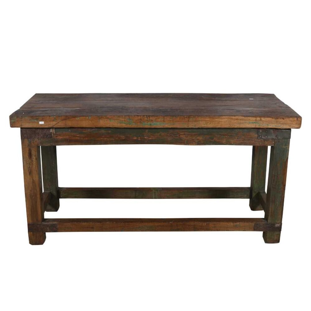 Antique Forest Green & Walnut Teak Industrial Kitchen Table Work Bench – Gujarat c1880 - Image 4