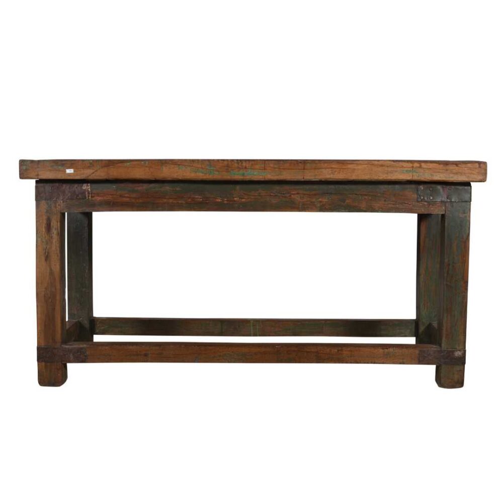 Antique Forest Green & Walnut Teak Industrial Kitchen Table Work Bench – Gujarat c1880 - Image 3