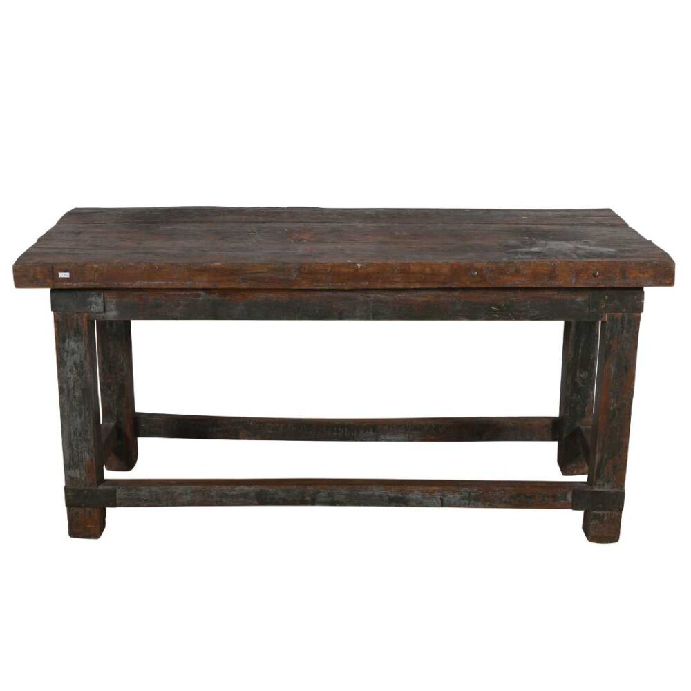 Antique Charcoal & Walnut Teak Industrial Kitchen Table Work Bench – Gujarat c1880 - Image 4