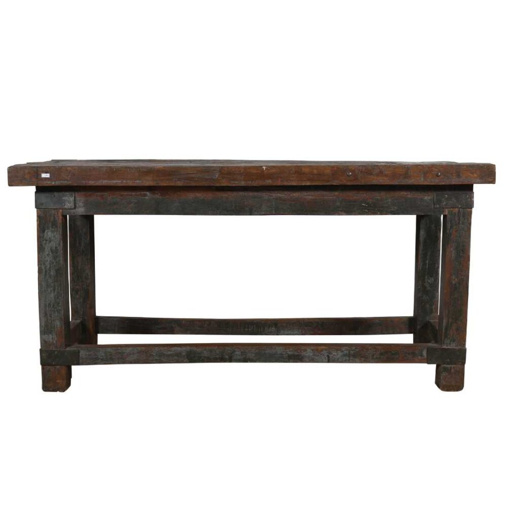 Antique Charcoal & Walnut Teak Industrial Kitchen Table Work Bench – Gujarat c1880 - Image 3